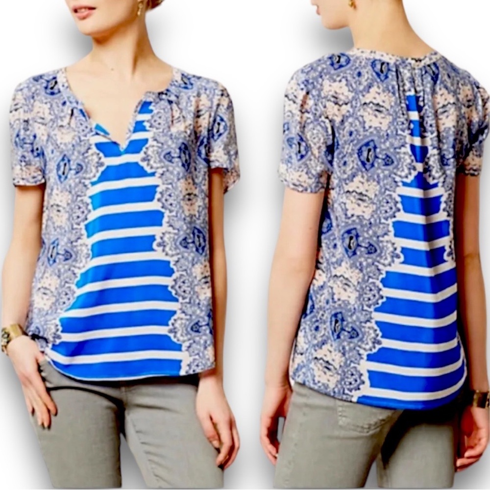 Maeve Anthropologie 100% Silk Paisley & Strip Blouse Sz M EUC